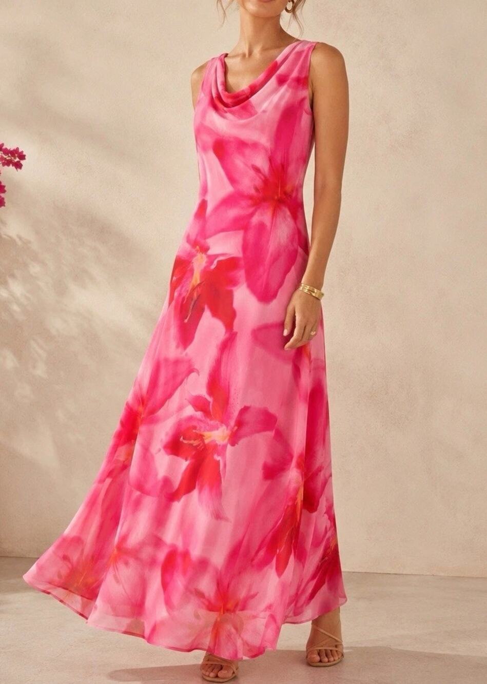 Paper Heart by Anthropologie Floral Sleeveless Cowl Neck Maxi Dress Pink Red XS